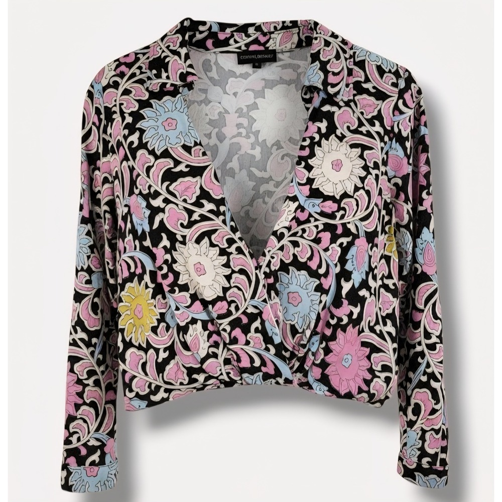 Cynthia Rowley Floral Surplice Top Womens Size Medium Black Pink Rayon